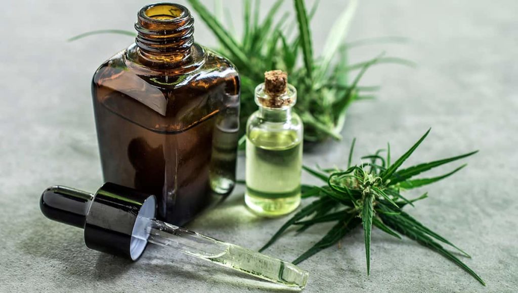 CBD oil tinctures inside bottle beside cannabis plants